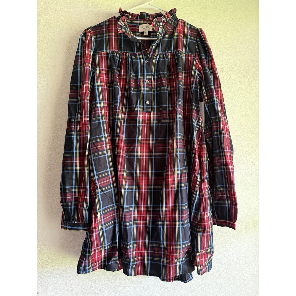 Aura Flannel Dress Womens Large Plaid Red Black dress Preppy